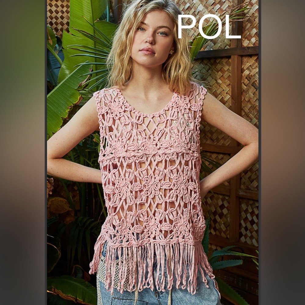 COPY - BO31-5🌸POL pretty in Pink Crochet Fringe Top in on trend style!🌸